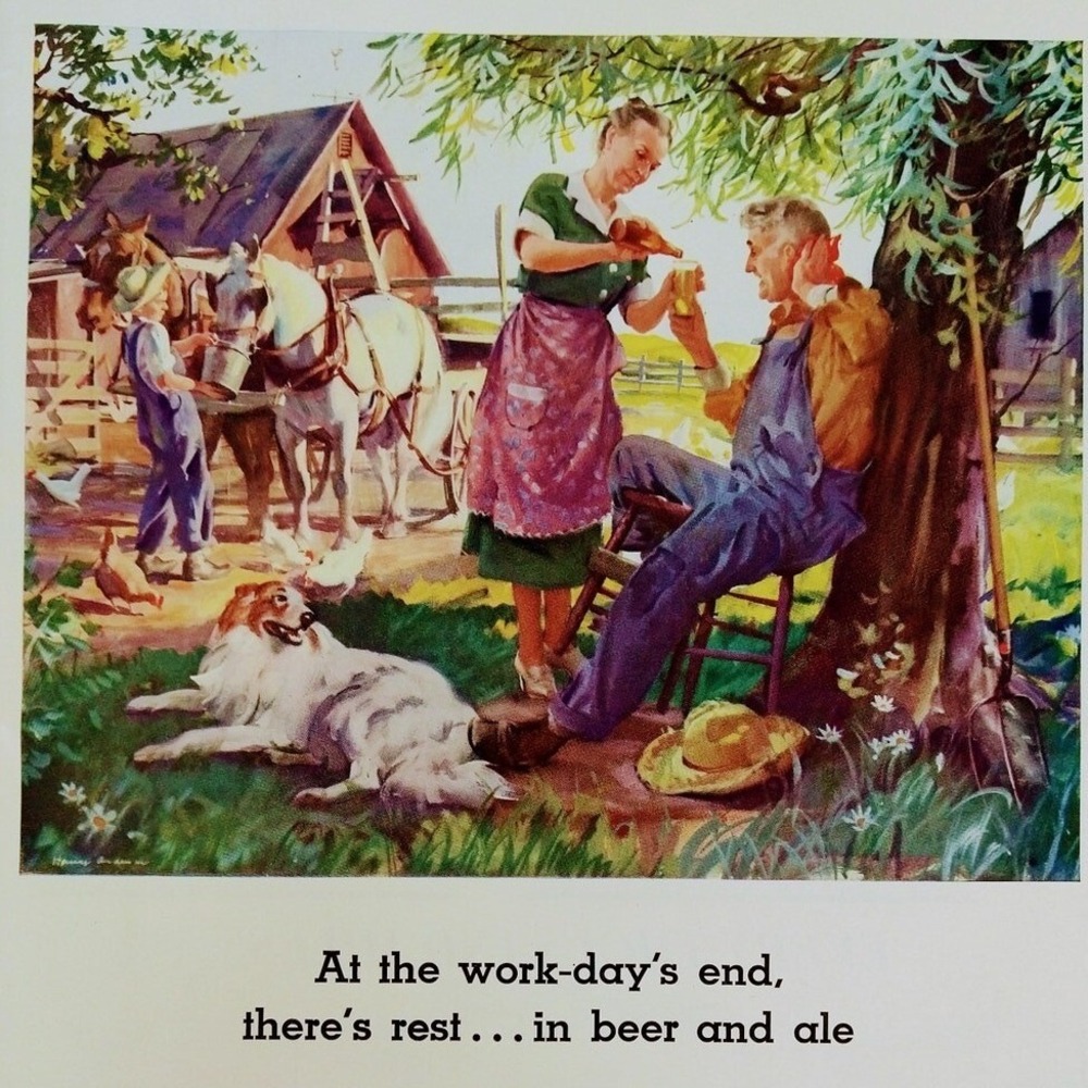 1941 Old Farmer Couple "Work-Day End Rest - Beer and Ale"  Vtg PRINT AD
